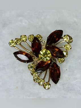 Vintage Amber & Citrine Rhinestone Floral Brooch (1958-63)